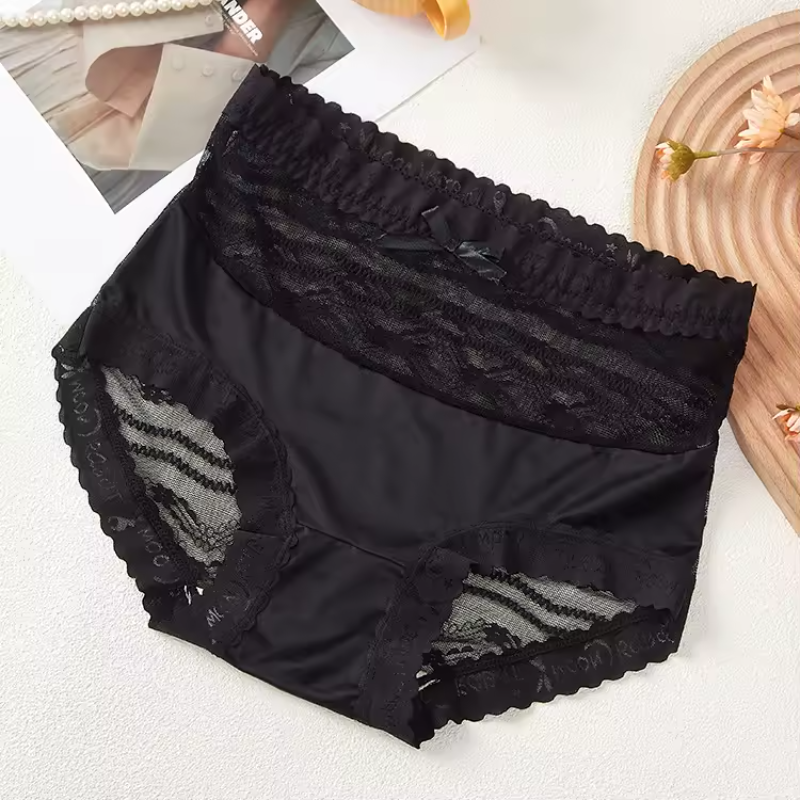 Bow Trim Lace High Waist Seamless Ice Silk Splice Breathable Underpants